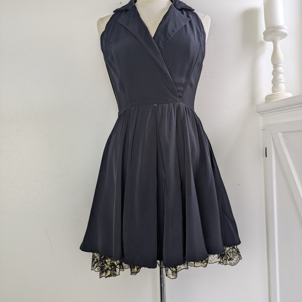 All that Jazz Black Halter Fit-and-Flare Dress with Gold Lace Trim